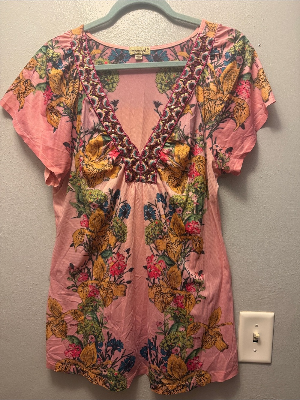 ONE WORLD Pink Floral Embroidered V-Neck Tunic Top